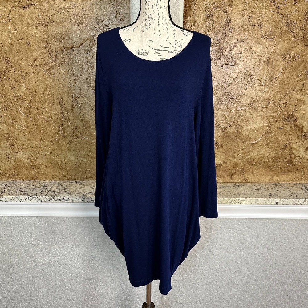 Bryn Walker Bakki Tunic Top Women Small Asymmetrical Lagenlook Navy Blue USA